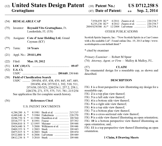 United States design patent document for a resealable cap